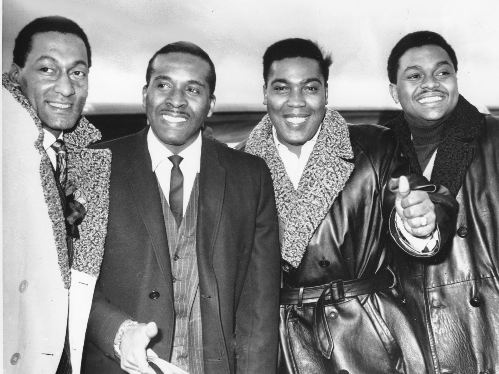 The Four Tops pose at Heathrow airport in 1966. From left to right are, Abdul Fakir, Levi Stubbs, Lawrence Payton and Renaldo Benson. Pic: AP