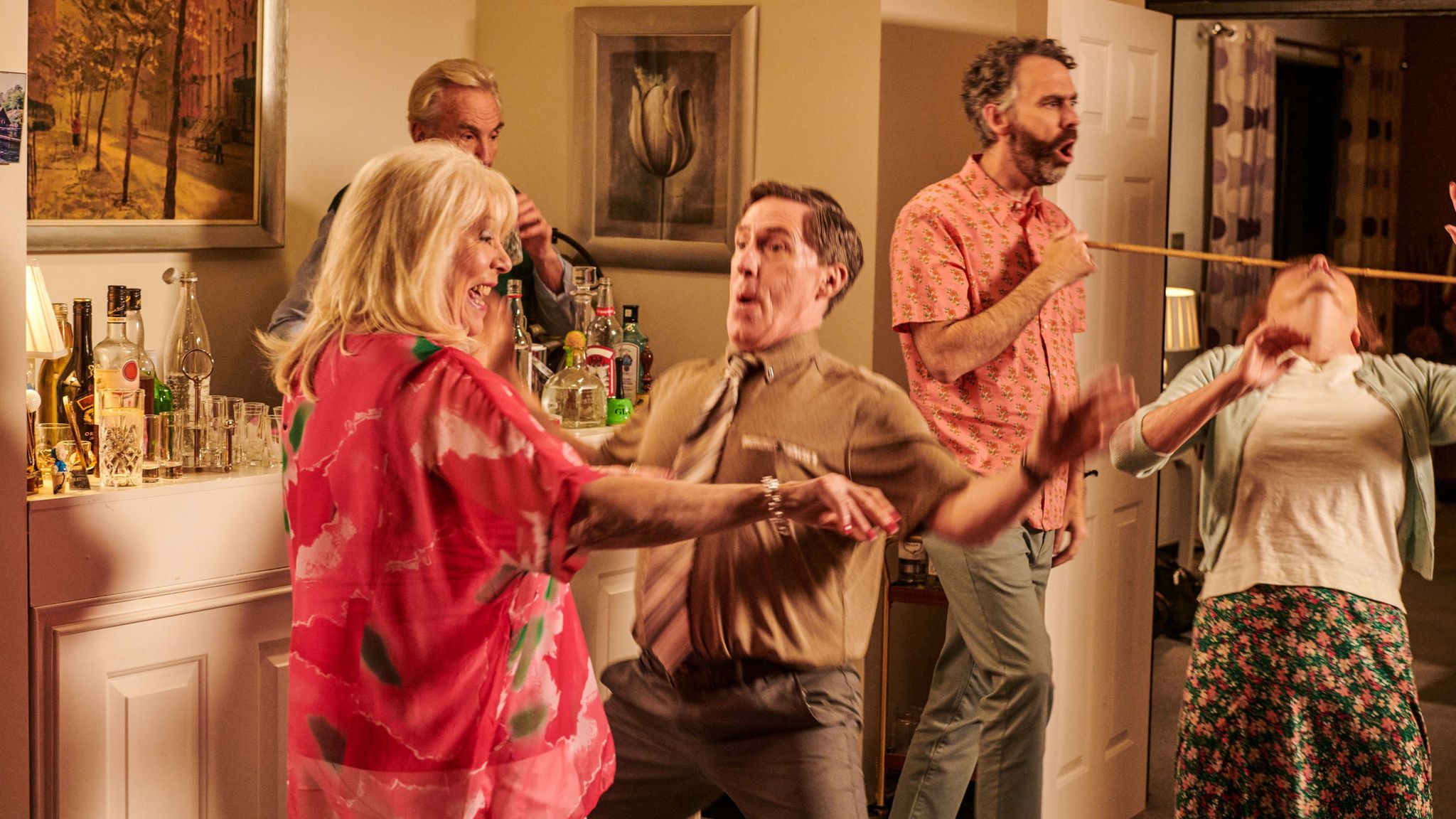 Alison Steadman as Pam, Larry Lamb as Mick, Rob Brydon as Bryn, Robert Wilfort as Jason,and Melanie Walters as Gwen. Pic: Toffee International Ltd/Tom Jackson/PA