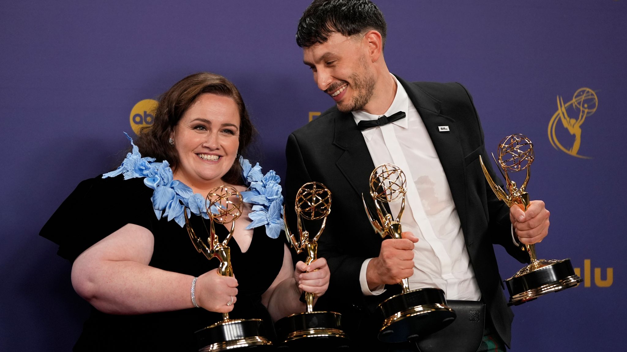 Baby Reindeer stars Jessica Gunning and Richard Gadd with their awards at the Emmys. Pic: AP/Jae C Hong