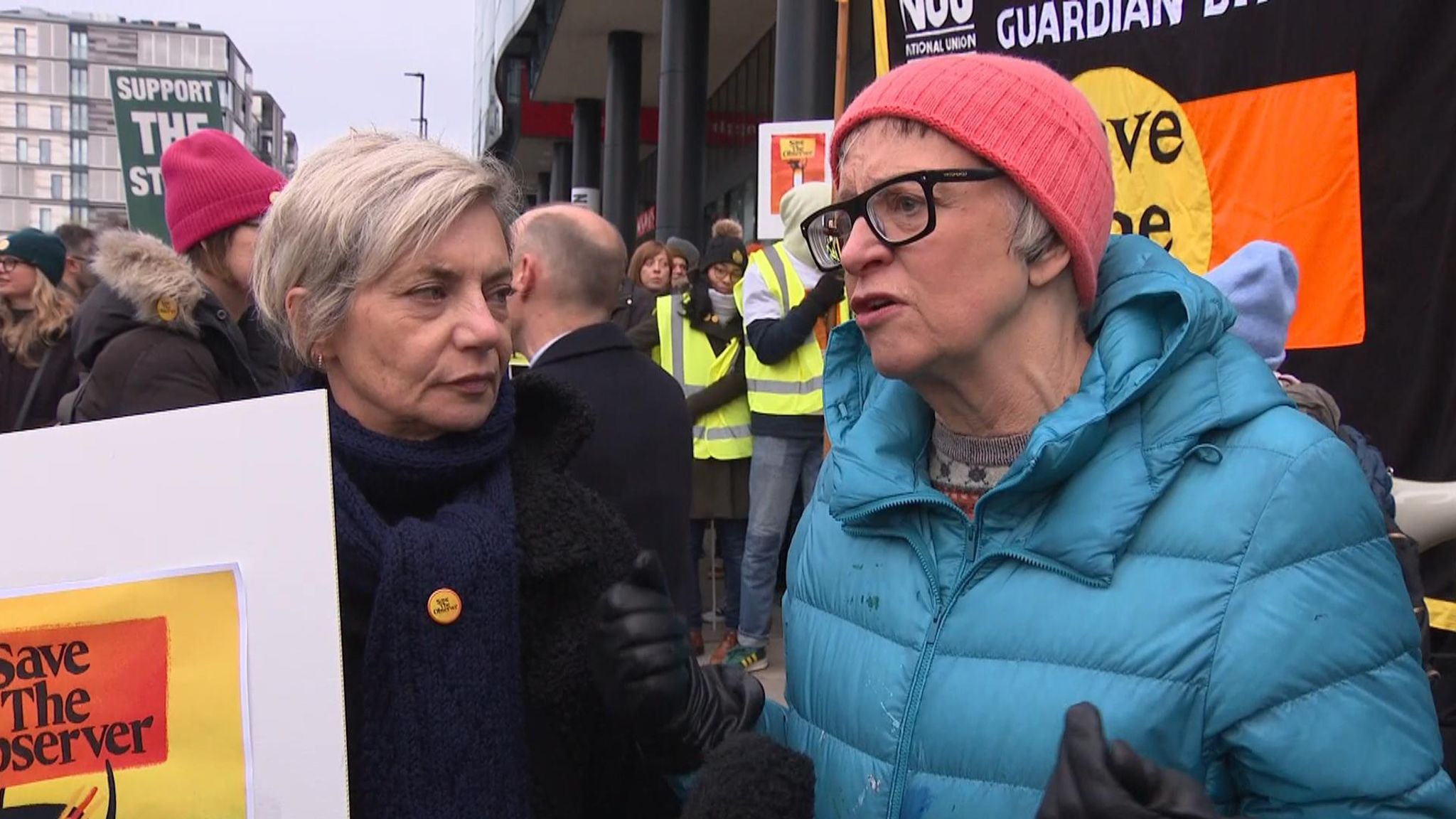 The Observer writers Miranda Sawyer, left, and Philipps Perry on the picket line