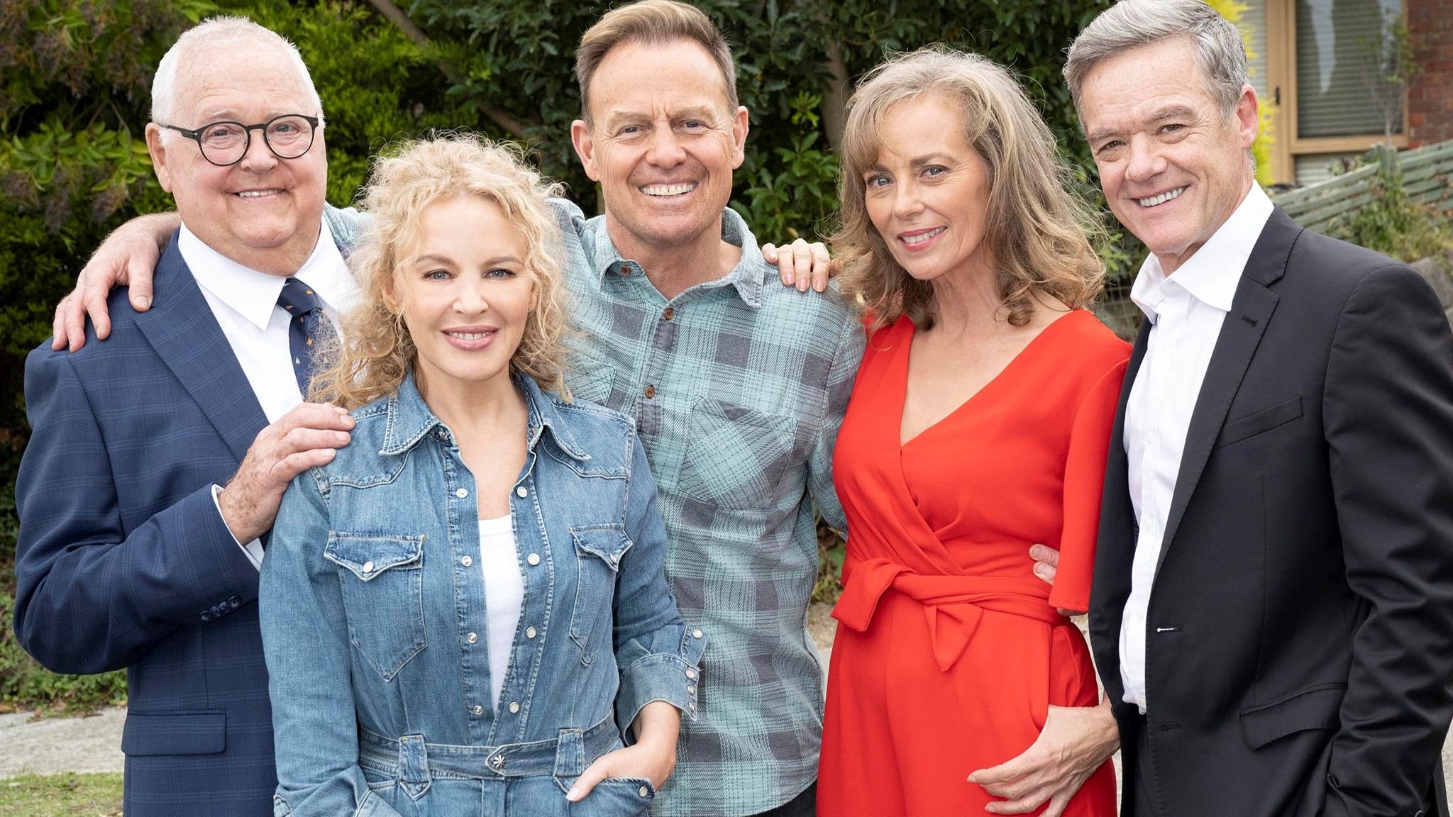 Ian Smith, Kylie Minogue, Jason Donovan, Annie Jones and Stefan Dennis. Pic: Fremantle/Channel 5