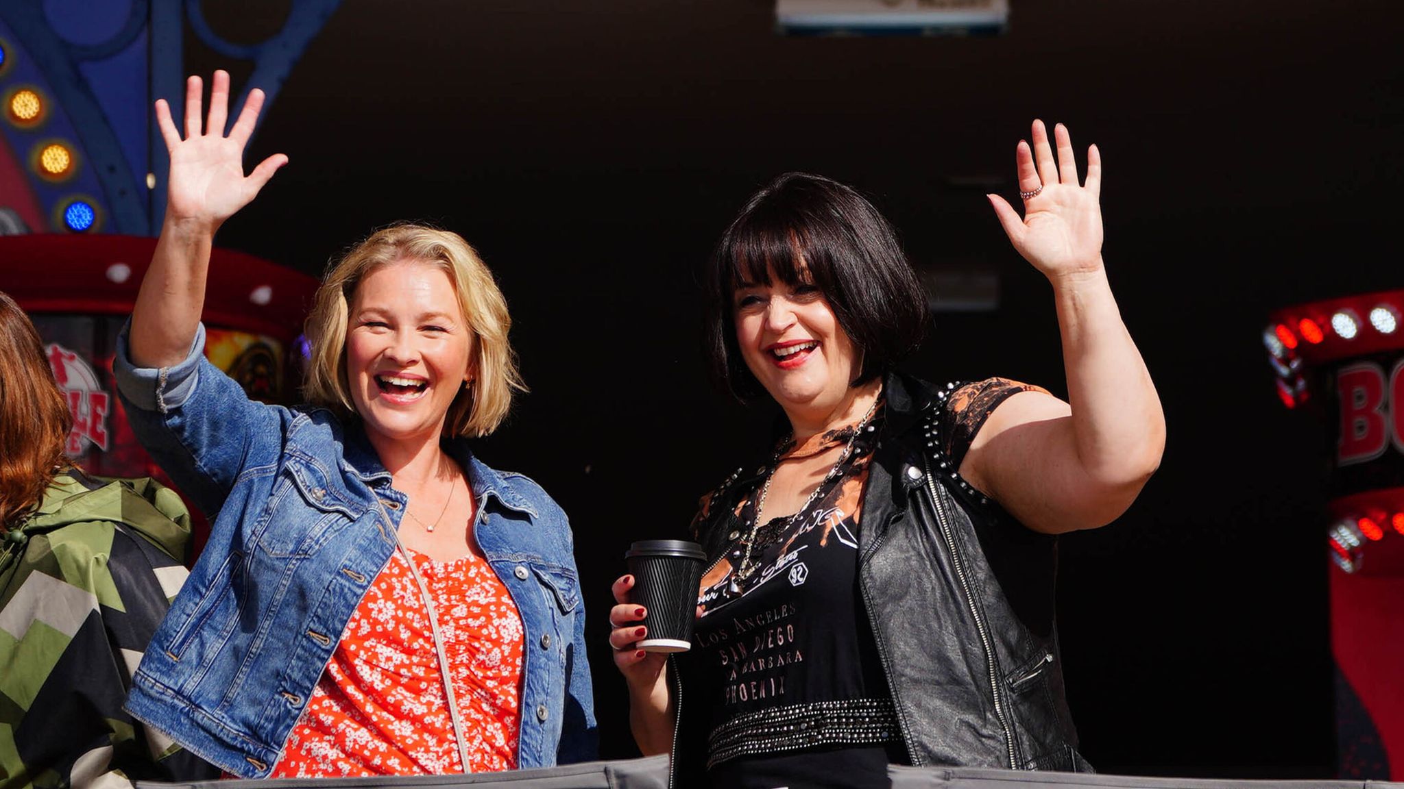 Joanna Page, who plays Stacey Shipman (left) and Ruth Jones, who plays Nessa Jenkins (right) during filming for the Gavin and Stacey Christmas Day special. Pic:PA