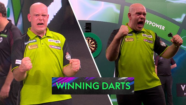 Michael Gerwen roars with passion after he beats Jeffrey de Graaf 4-2, to reach the quarter-finals of the 2025 World Darts Championship. 