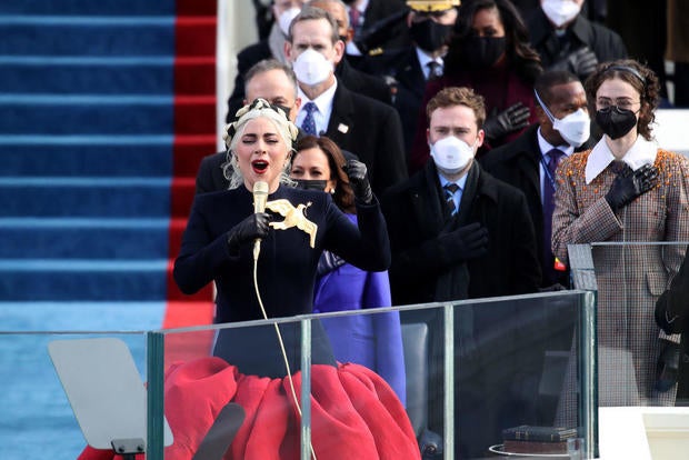 Lady Gaga sings the National Anthem at President Joe Biden's inauguration at the U.S. Capitol on Jan. 20, 2021. 