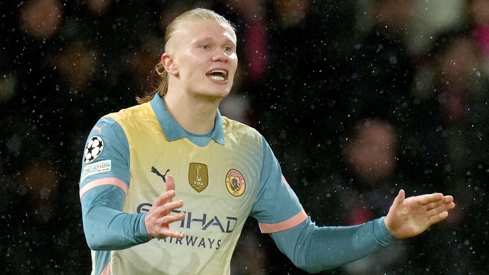 Manchester City's Erling Haaland celebrates after scoring his side's second goal against PSG