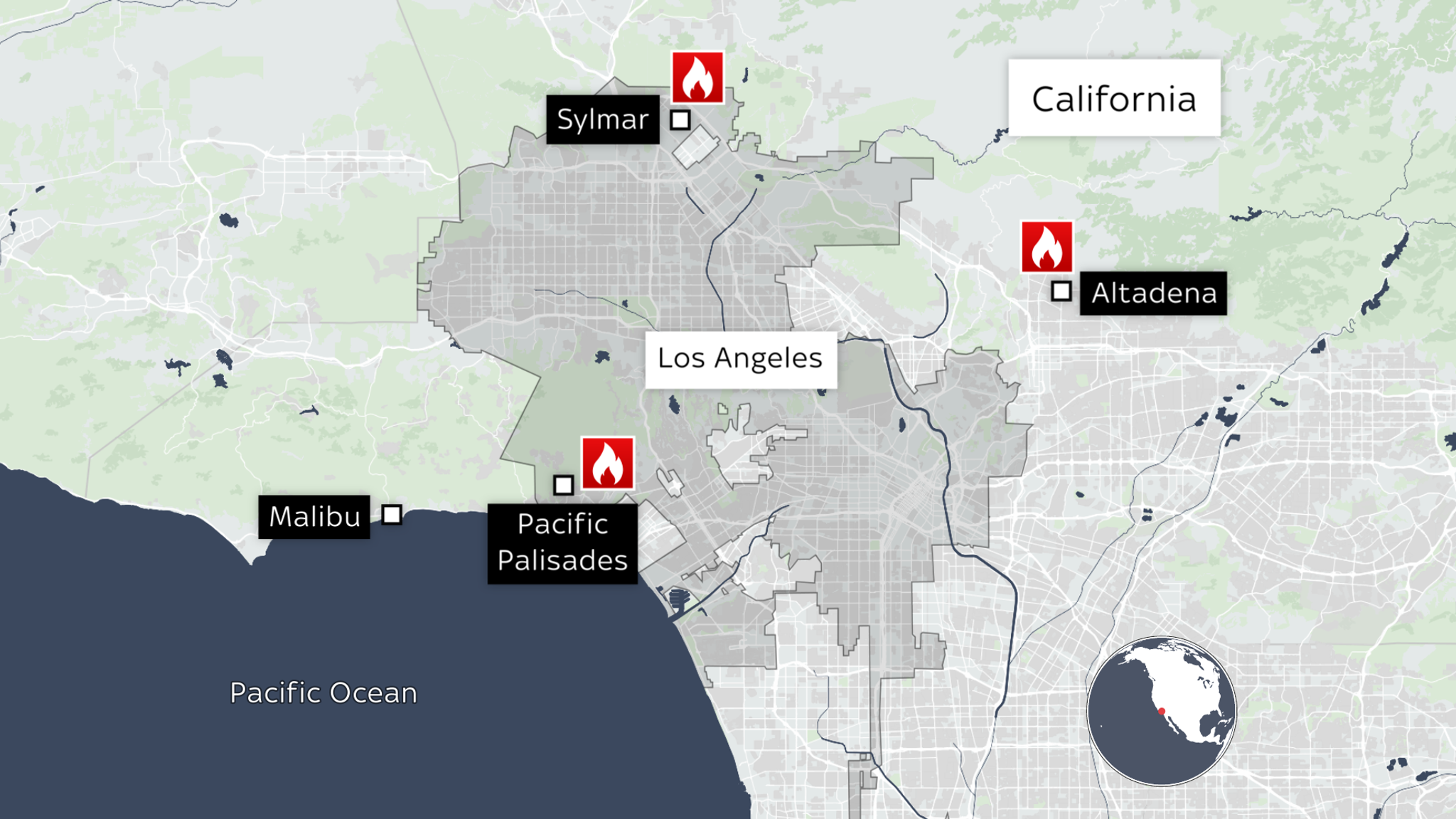 Map showing wildfires in California. 