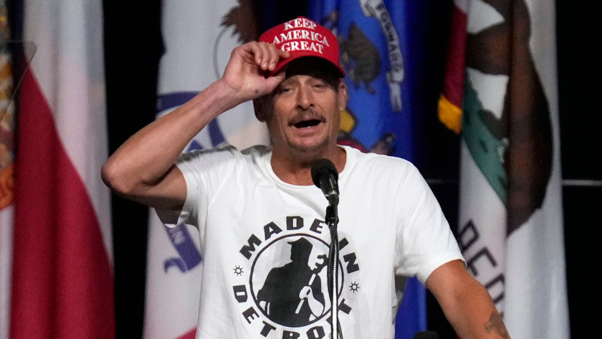 Kid Rock speaks before Republican presidential nominee former President Donald Trump at the National Guard Association of the United States' 146th General Conference, Monday, Aug. 26, 2024, in Detroit. (AP Photo/Paul Sancya)