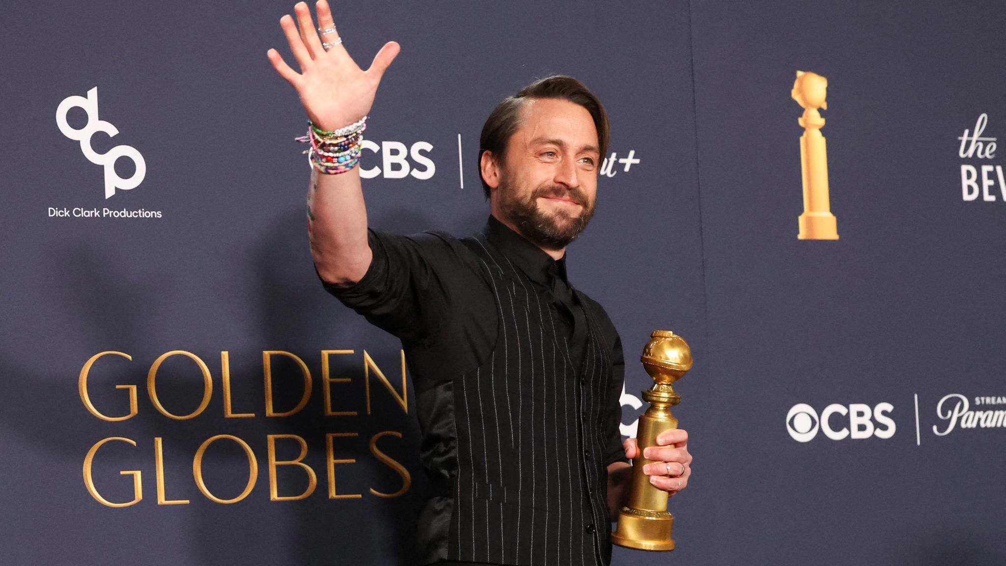 Kieran Culkin picked up the Golden Globe for best performance by an actor in a supporting role for A Real Pain. Pic: Reuters/Mario Anzuoni