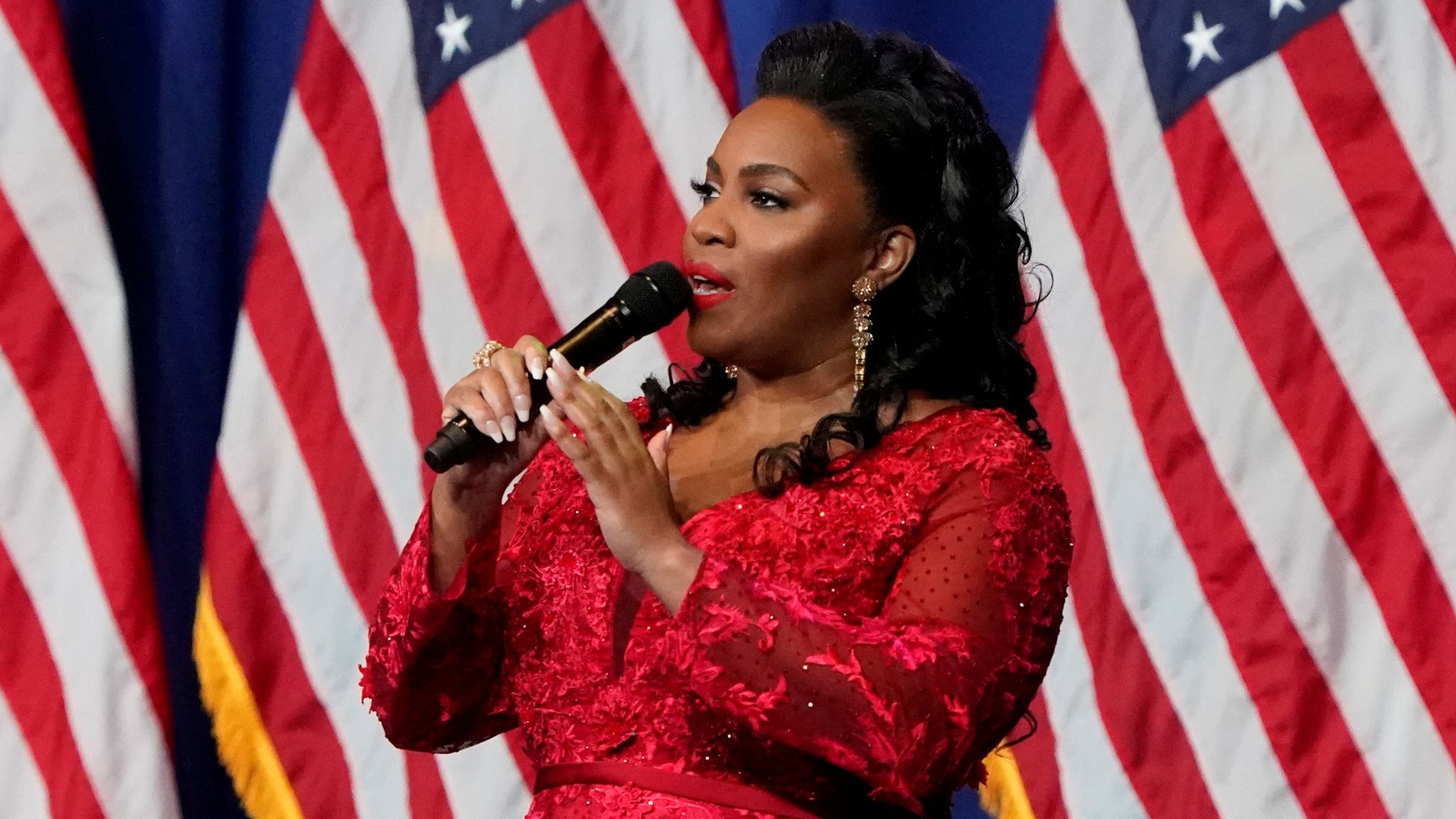 Mary Millben singing on the first day of the Republican National Convention. Pic: Reuters